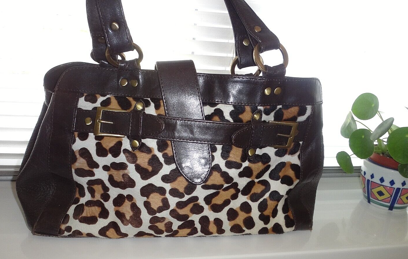 Borsa a tracolla Fab Designer pelle di pony e pelle stampa leopardata manico superiore
