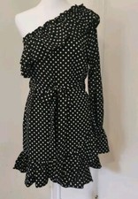 Nasty Gal One Sleeve Polka Dot Mini Dress Womens US 8 Black White Ruffle.