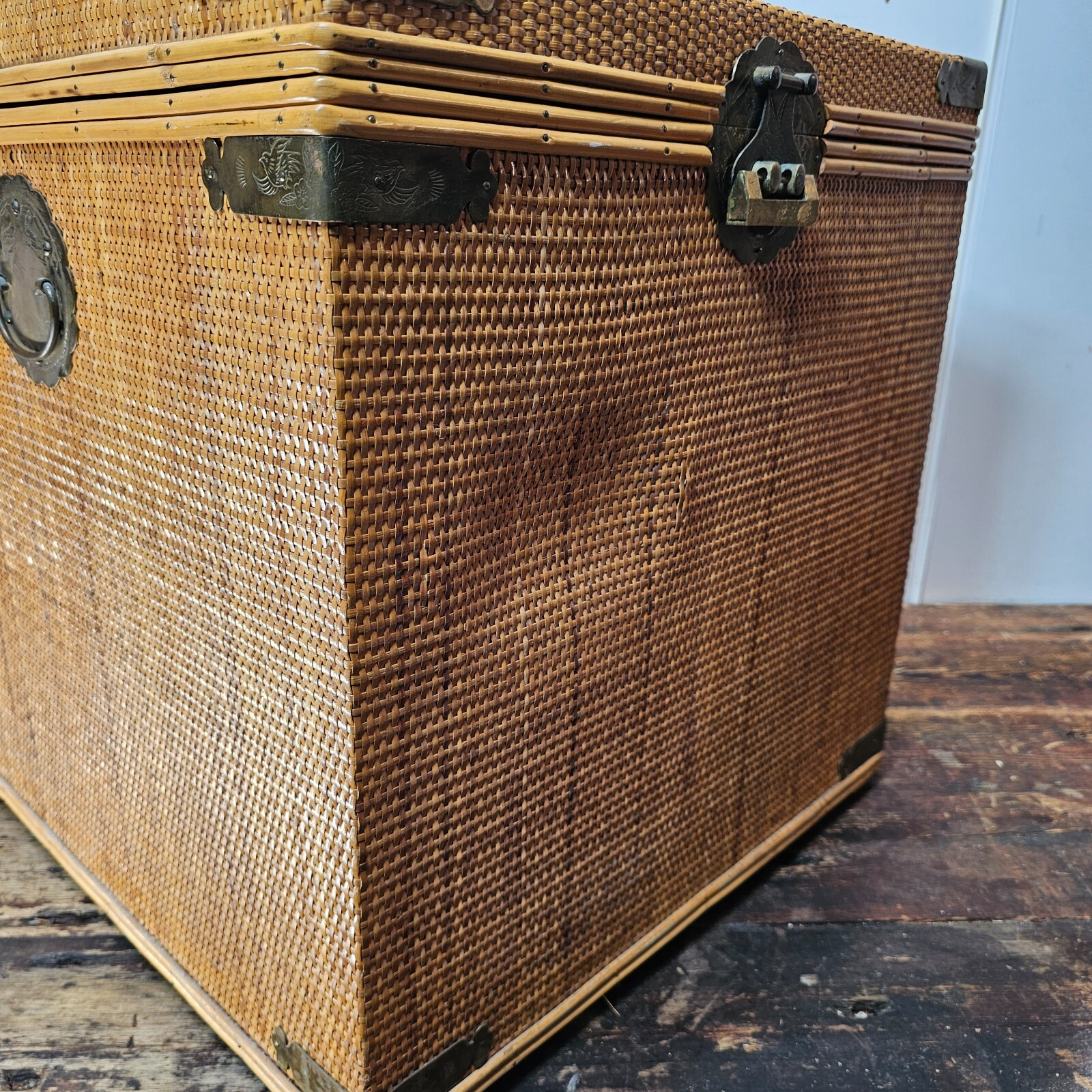 Vintage Wicker & Brass Chinoiserie Chest Trunk From Hong Kong 20"L x 20"W x 21"H