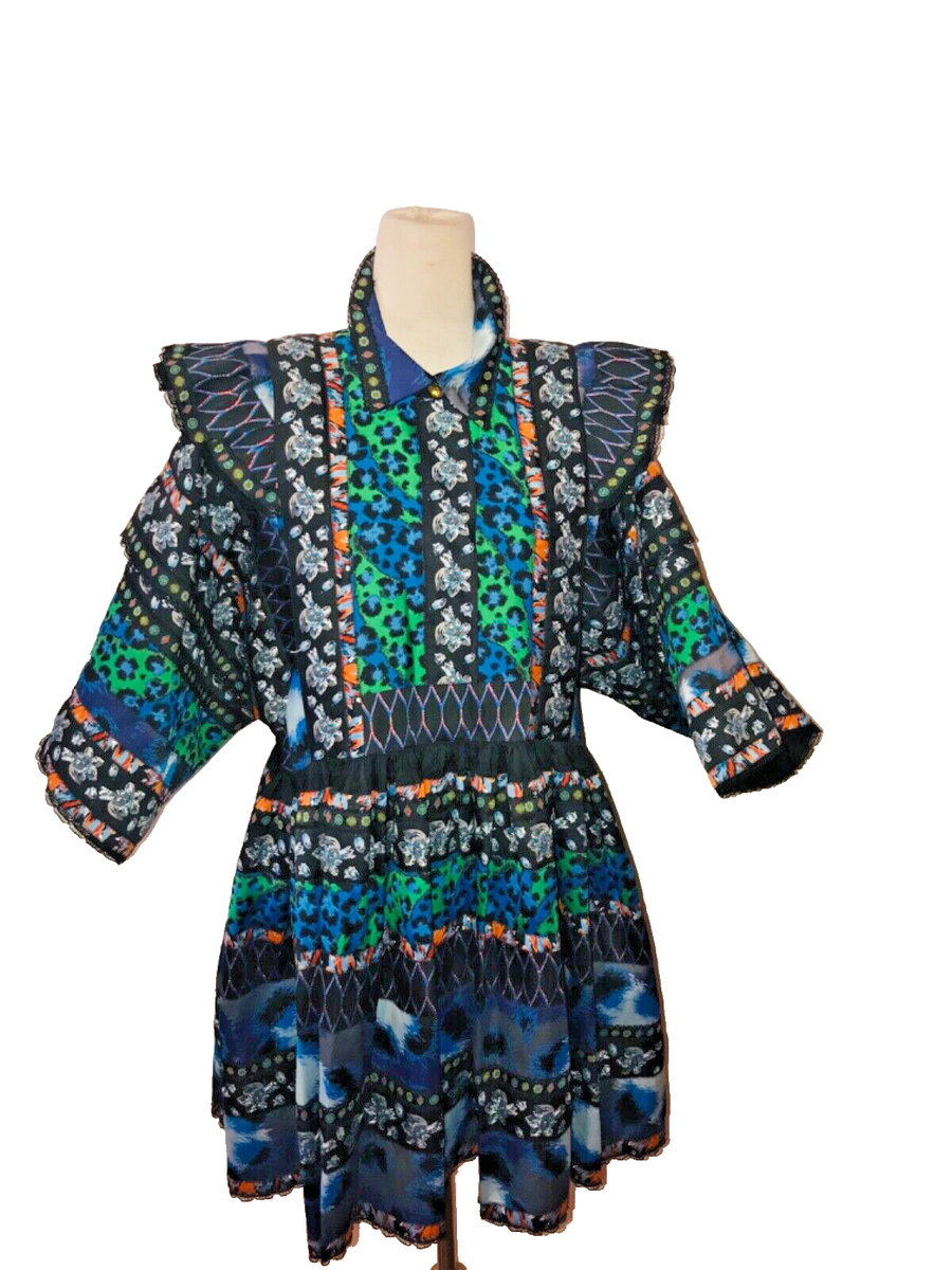 Kenzo x H&M Frill Wide Patterned Folk Dress Blue Green Size Kenzo x H&M Frill Wide Patterned Folk Dress Blue Green Size