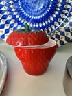 Vintage Milk Glass Red Strawberry Lidded Jam Jar Container 3" Tall Hazel Atlas