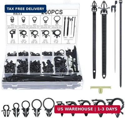 200PCS Car Wire Loom Routing Clips, Push Mount Cable Tie Assortment Kit, 15 Diff