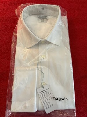NWT TM Lewin 18/36 NON-IRON Slim Fit White Herringbone Classic Collar FrenchCuff