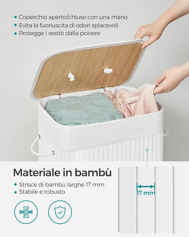 Cesta Portabiancheria Con Coperchio, 72 L, Cesto Porta Biancheria in Bambù, Pieg - Immagine 3 di 4