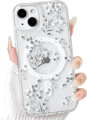 iPhone 14 Plus / 15 Plus Case Clear Magnetic Cute Flowers Floral Leaves Hard PC