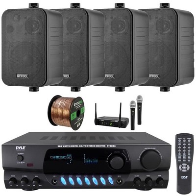 Pyle Home Audio Amplifier Receiver, 4x 4'' Indoor/Outdoor Speakers, Mic System