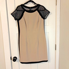 Sheath Pencil Dress Tan Black Crochet Sleeves 12 Preppy Minimalist Day to Night
