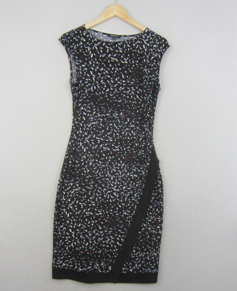 Basque Dress Womens 10 Black Blue Geometric Sleeveless Stretch Work Office Event