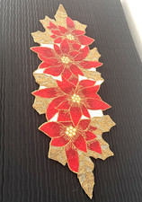 VTG Christmas Poinsettia Table Runner Beaded Floral Holiday Decor Party Display