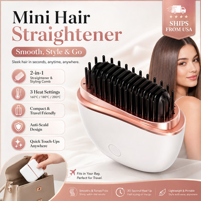 Mini Hair Straightener Brush 2 in 1 Portable Heated Styling Comb Travel