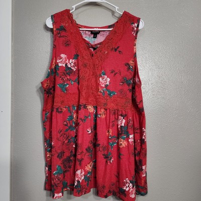 Torrid Textured V Neck Lace Up Lace Pieced Tank Top Floral Red 3X 22/24