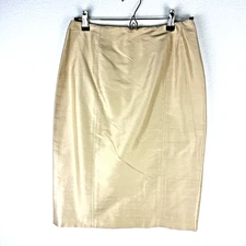 HOLT RENFREW Women's 4 100% Silk Zip Up Gold Pencil Skirt Lined With Back Slit
