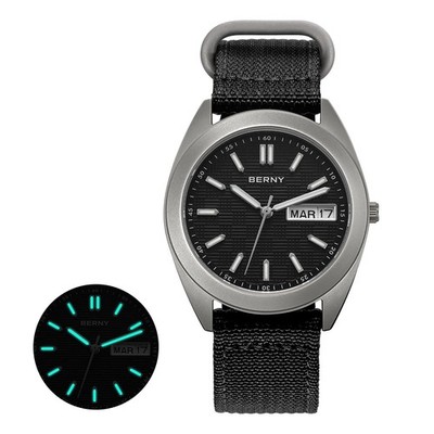 BERNY Men's Titanium Watch 38mm Sapphire Quartz Date Day Calendar 10ATM Luminous