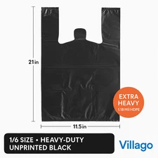 1/6 Black T-Shirt Bags 21x11.5x6.5 Extra Heavy 1.18 Mil HDPE Grocery Retail