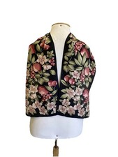 Vintage 100 Silk Oblong Scarf Black Cherry Blossom Botanical Berry Print A12