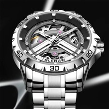 43MM GLENAW Automatic Men Watch Luxury Skeleton Waterproof Stainless Steel NEW