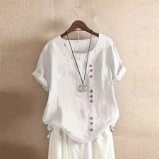 Summer*Womens Cotton Linen Tunic Blouse Tops Ladies Short Sleeve Shirt Plus Size
