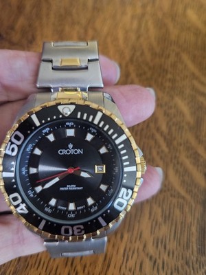 Croton CA301228 Men's Diver Watch Two-Tone Black Dial Stainless Steel 20ATM