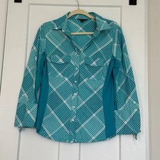Zac & Rachel Plaid Western Button Down Shirt Womens Large Teal Roll Tab Sleeves