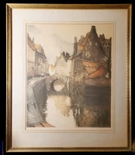 Julien Van Santen Signed Color Etching European Canal Bridge Framed Art Large
