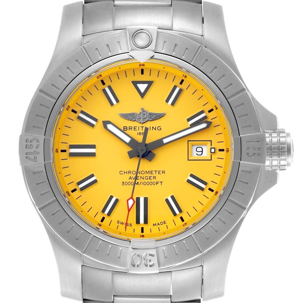 Breitling Avenger 45 Seawolf Yellow Dial Steel Mens Watch A17319 New Unworn