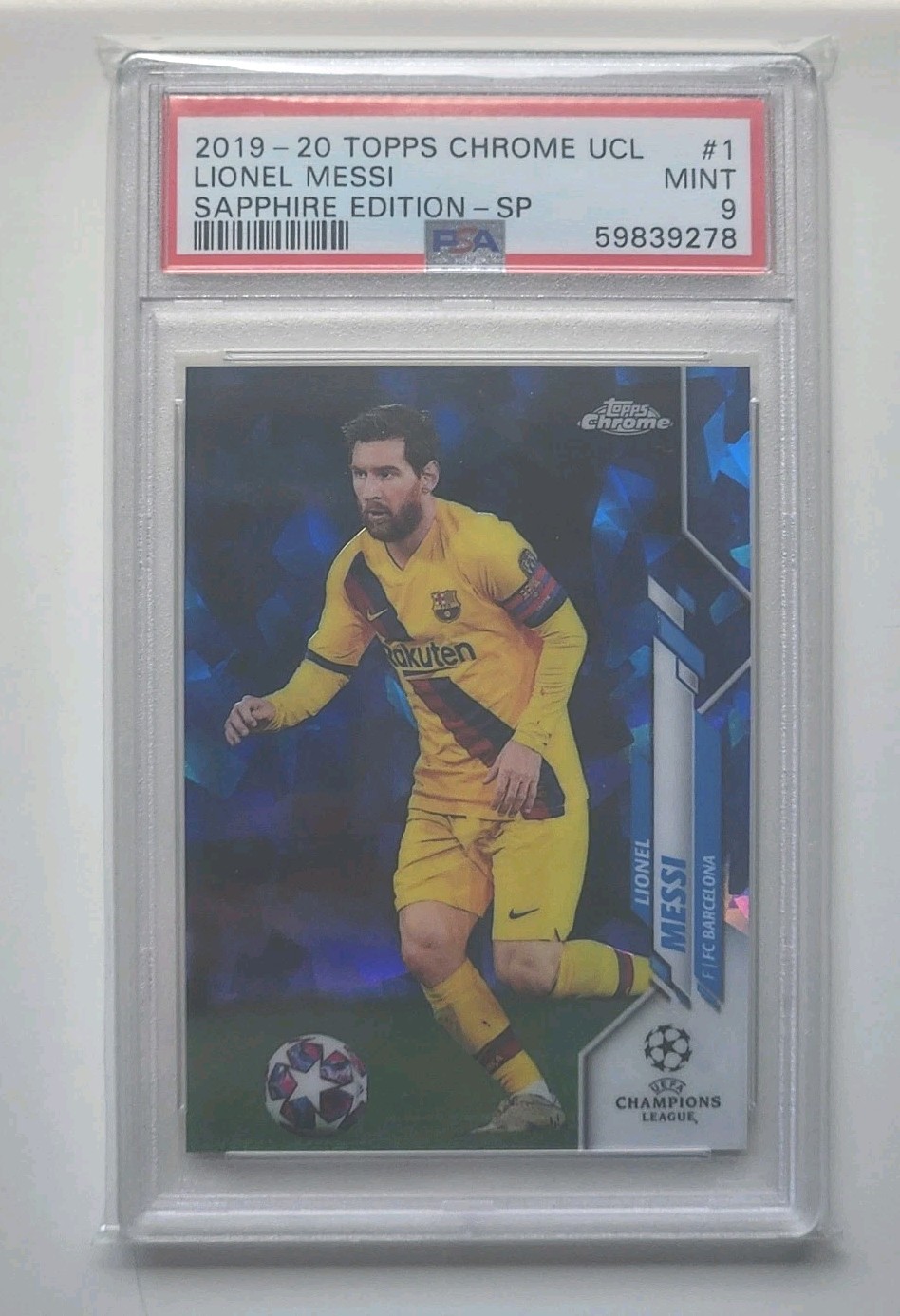 Lionel Messi 2019-20 Topps Chrome UCL Sapphire PSA 9
