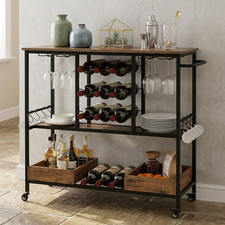 Kitchen Serving Trolley 3 Tier Rolling Bar Cart Wine Rack Storage Rustic Brown