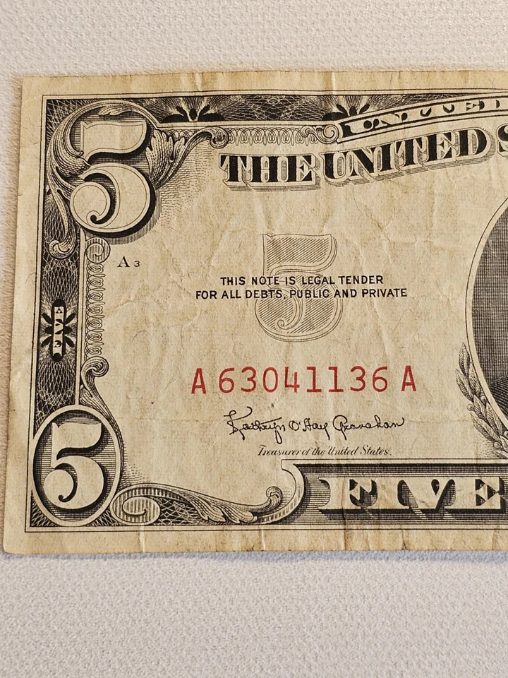 $5 1963 Red Seal Washington D.C, $5 1934 Green Seal Wash. D.C., 5 Pesos WWII Era - Image 3 of 4