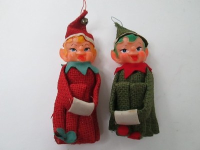 Vintage Xmas Ornaments 2 Knee Hugger Elf Pixies From Japan 50's/ 60's Red/Green