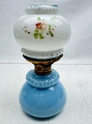 Vintage White And Blue Milk Glass Miniature Oil Lamp Hand Painted Floral Antique