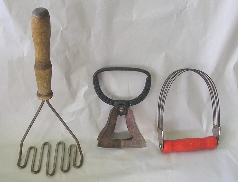Vintage Kitchen Tool Lot - Wire Potato Masher, A. J. & Co. Chopper, Hand Blender