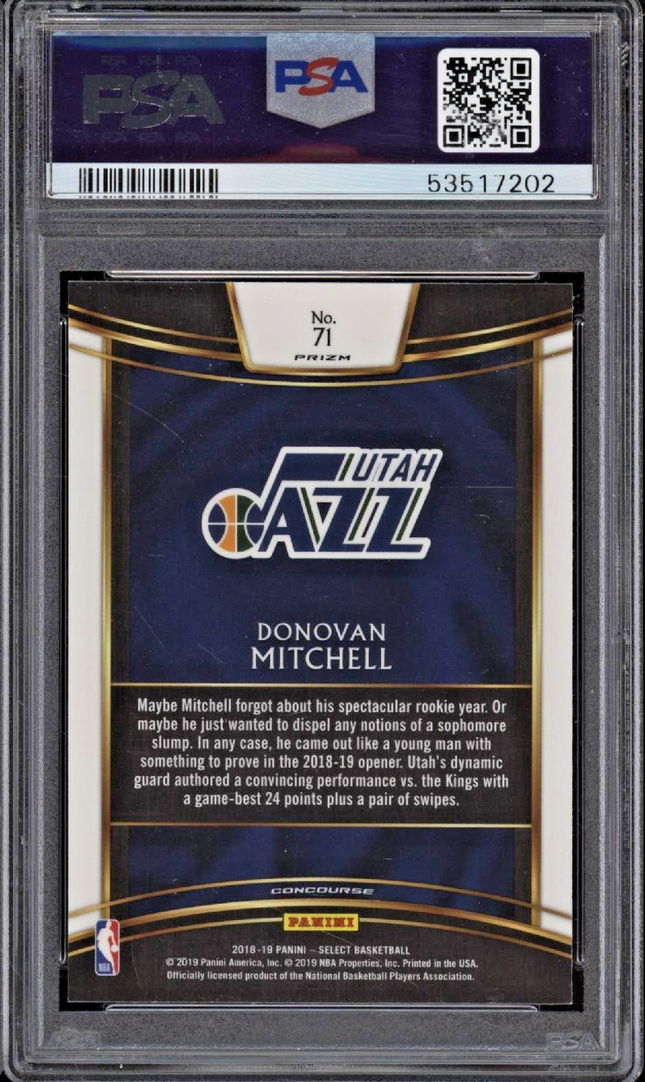 2018-19 Select Prizms Scope #71 Donovan Mitchell PSA 10 GM-MT view 2