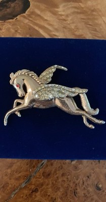 Vintage Pegasus Flying Horse Rhinestone Red Eye Metal Brooch w/ Hinged Wing