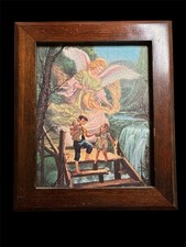 Vintage Turner Mfg Guardian Angel Print Textured Wood Frame Mid Century 1950s