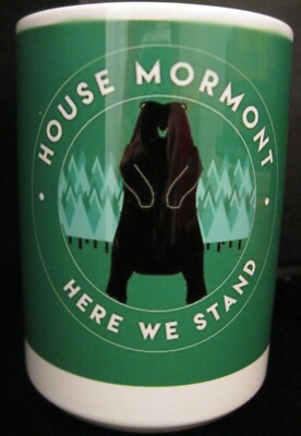 HOUSE MORMONT HERE WE STAND GREEN AND WHITE COFFEE TEA MUG WHITE INTERIOR NICE!!