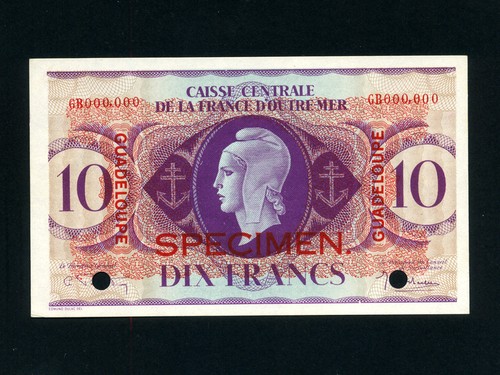 Guadeloupe:P-27s,10 Francs,1944 * Marianne * Specimen * UNC * - 第 1/2 張圖片