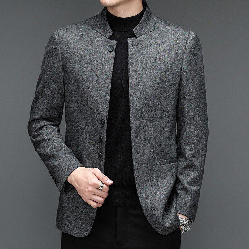 Mens Tweed Single-Breasted Jacket Blazer Coat Top Mandarin Collar Smart