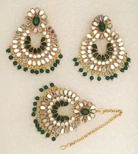 New Bridal Maang Tikka Earring Set Kundan Pearl Gold Tone Indian Green Jewelry