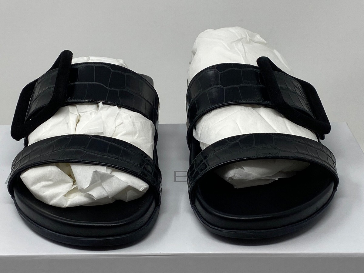 Manolo Blahnik Mayfu Croc Embossed Leather Slide Sandals
