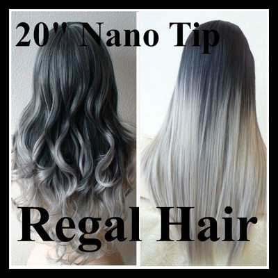 Nano Tips Rings 1 Grey Dip Dye Ombre Human Hair Extensions 20