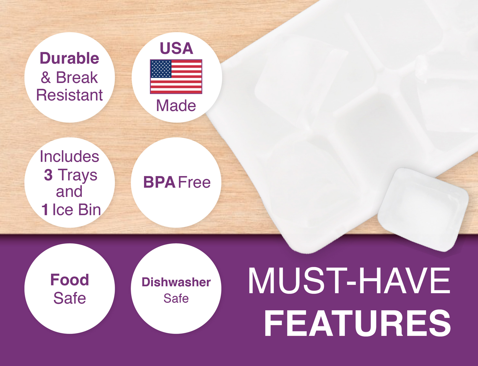 Arrow Home Products Plastic Ice Cube Trays for Freezer, 3 Pack & Ice Bin, White