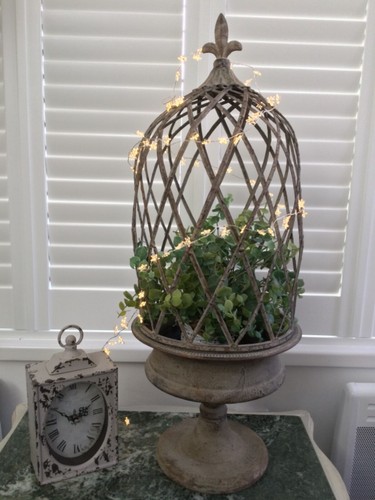 Elegant French Country Rustic Metal Urn with Cage Dome Cloche + Faux Eucalyptus - Picture 2 of 10