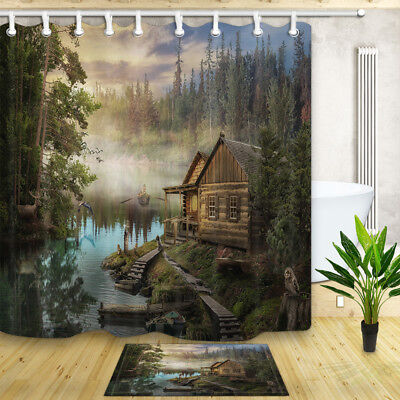 Wooden Cabin Lake Forest landscape Waterproof Fabric Shower Curtain & 12 Hooks 