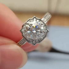 2.00Ct Round Cut Certified Moissanite Halo Engagement Ring 14K White Gold Plated