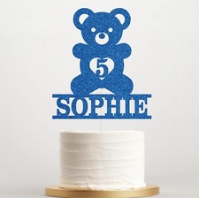 Personalised Teddy Bear Cake Topper, Any Name & Age Glitter Kids Birthday Decor