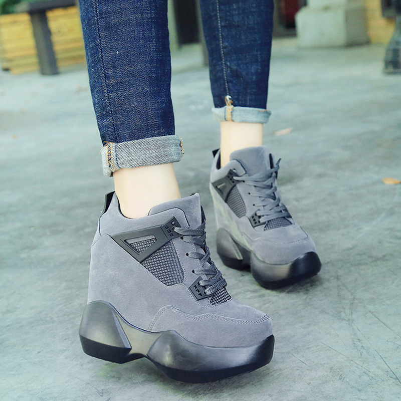 WELRUNG Women's High Top Platform Sneakers – Canvas, Heightened Sole, Casual Walking Shoes, Grey, Size 5.5