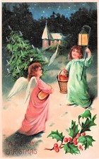 Antique Christmas Card Caroler Meets Angel Cherub Light Lantern Vtg Postcard E9