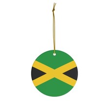 Jamaica Christmas Ornament, Ceramic, Circle, Jamaican Flag Inspired Travel Print
