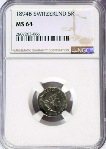 1894 B Switzerland 5 Rappen, NGC MS 64, KM-26