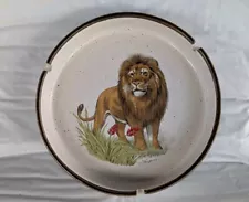 VTG ROUND SPECKLED CERAMIC LION ASHTRAY JAPAN 7-5/8" SIGNED BY ARTIST